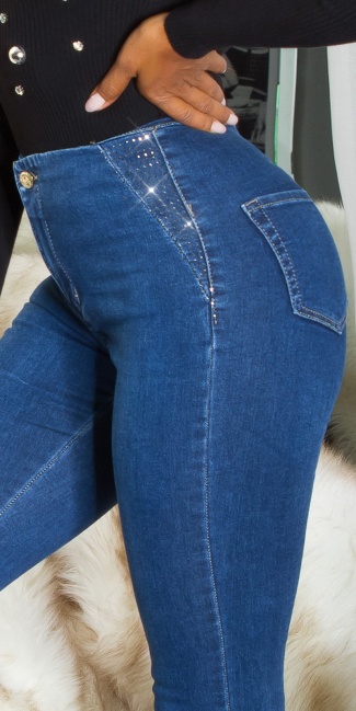 Hoge taille skinny jeans met glitter detail blauw